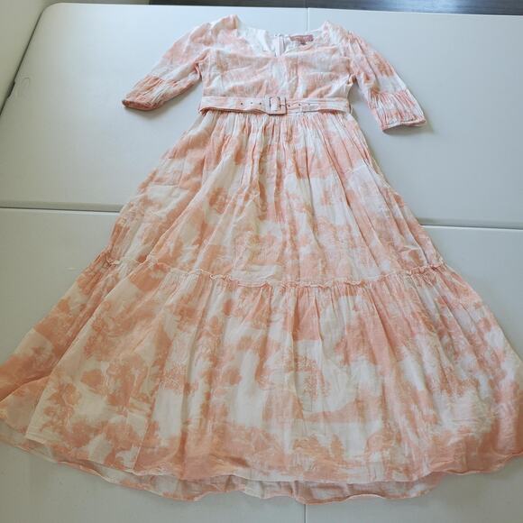 JESSAKAE Dress Womens Small Pink White Belted Tiered Maxi V Neck Toile Print - Picture 1 of 13